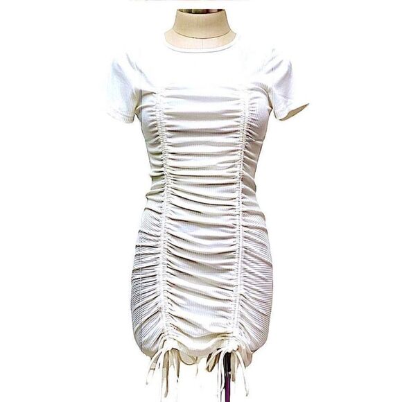 O Vianca White crewneck ribbed T-shirt dress with double ruching, front & back - Picture 14 of 14